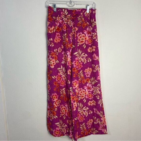Loft Breezy XS Pink Floral Linen Blend Pants Wide Leg Beachy Coastal Resort - Picture 1 of 12